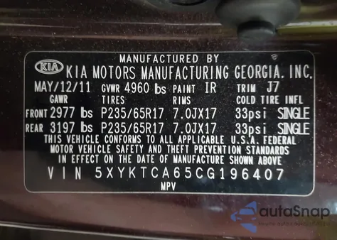 2012 Kia Sorento Lx z USA, uszkodzony, nr VIN 5XYKTCA65CG196407